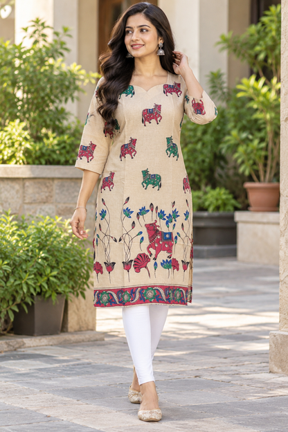 Beige Kalamkari Cow & Floral Print Kurti Top
