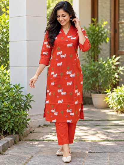 Coral Red Cow Print Kurti Set