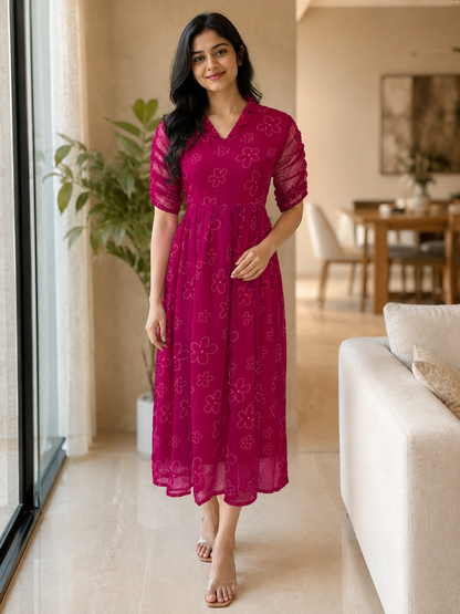 Magenta Pink Outline Floral Print Non-Feeding Maxi
