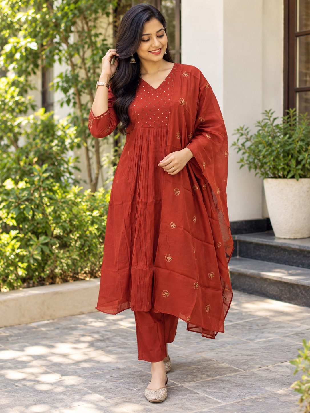 Rust Orange Floral Butti Mul Chanderi Silk 3-Piece Kurta Set