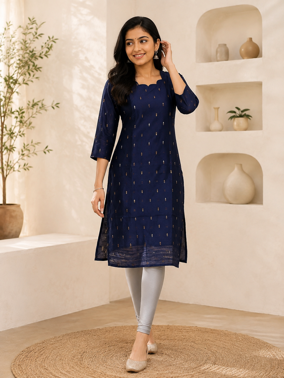 Navy Blue Golden Motif Straight Kurti
