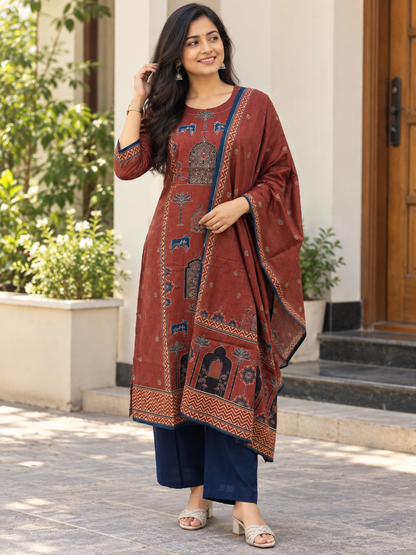 Rust Brown Elephant Motif Print Vatican Cotton 3-Piece Set