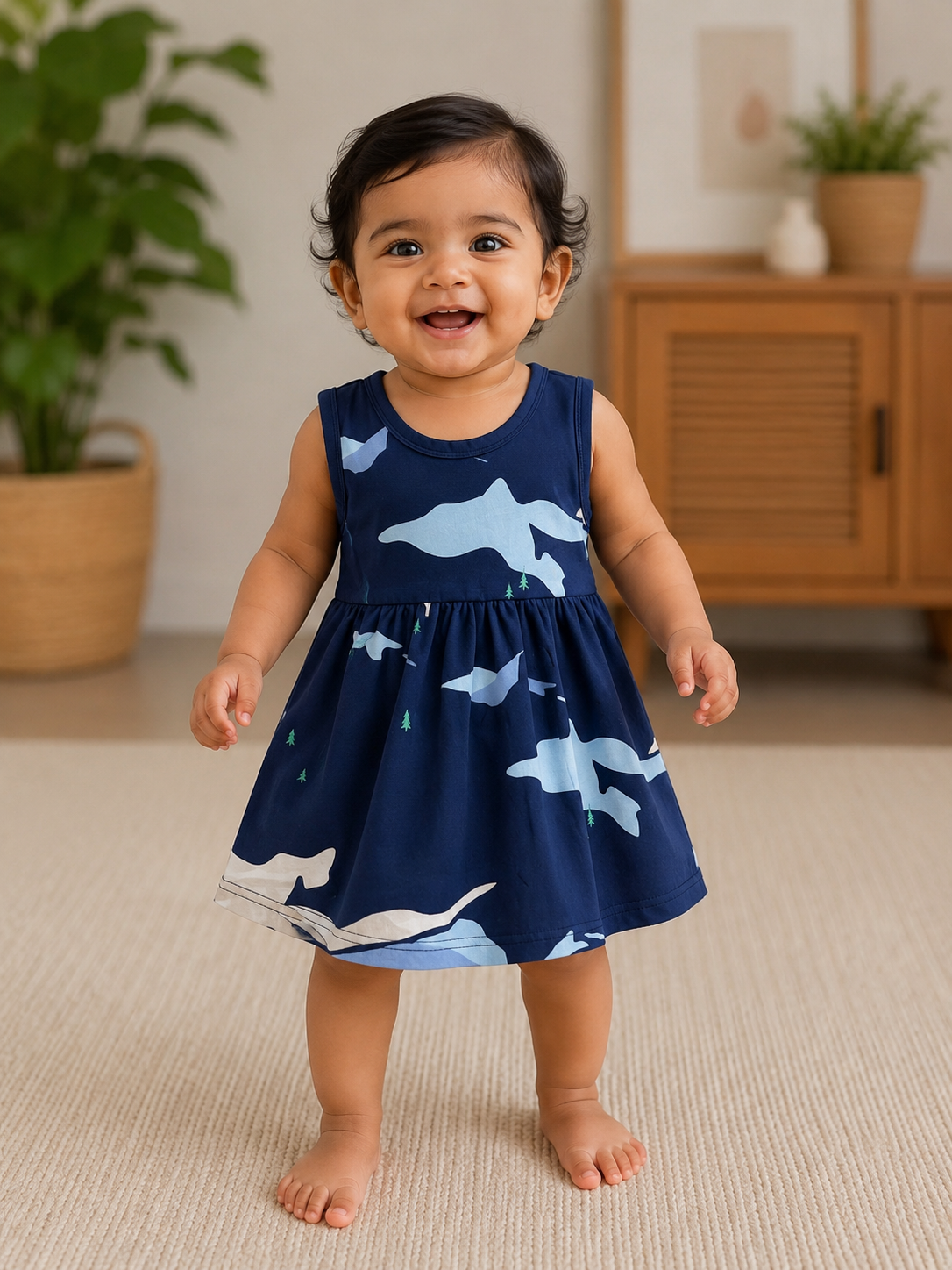 Navy Blue Abstract Landscape Print Sleeveless Frock