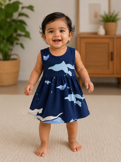 Navy Blue Abstract Landscape Print Sleeveless Frock