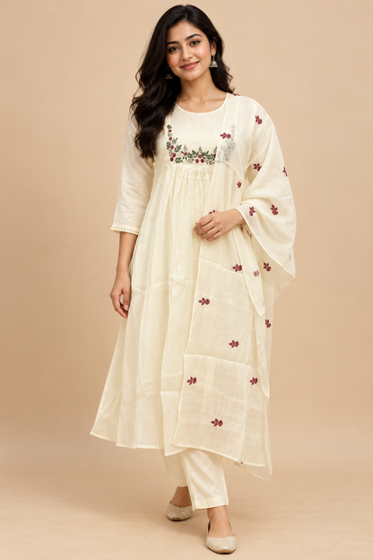 Mul chanderi A line with work Ivory White Floral Embroidered 3-Piece Suit