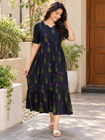 Navy Blue Leaf & Berry Print Feeding Maxi