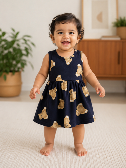 Navy Blue Teddy Bear Print Sleeveless Frock