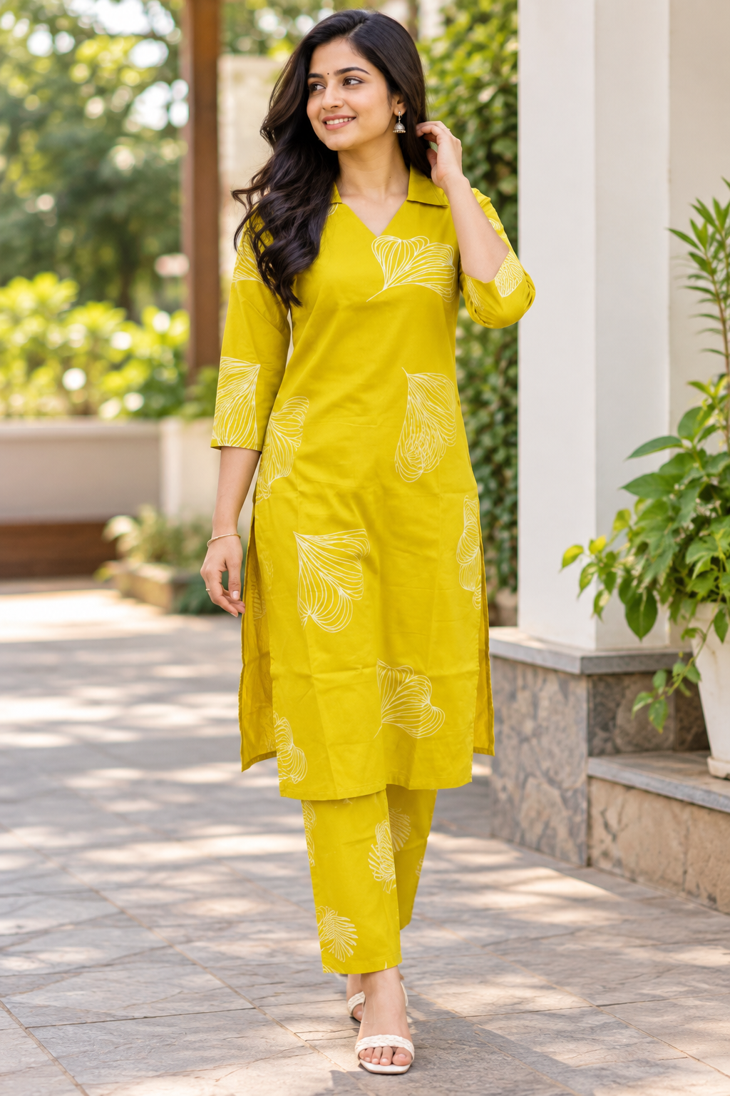 Mustard Yellow Abstract Leaf Print Kurti Set