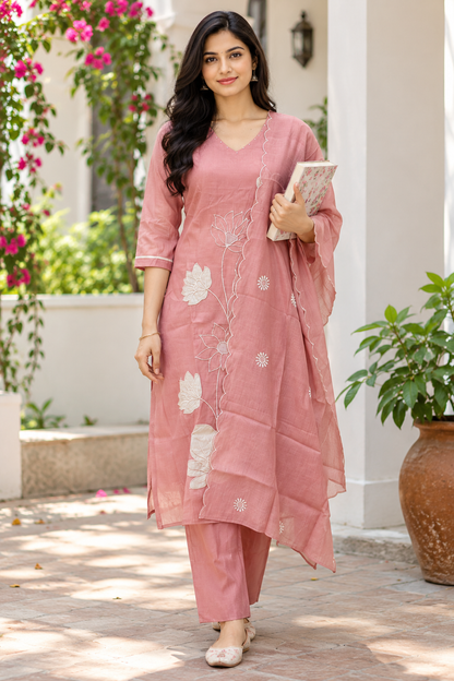 Mul Chanderi with slit with embroidery Dusty Pink Floral Embroidered 3-Piece Suit