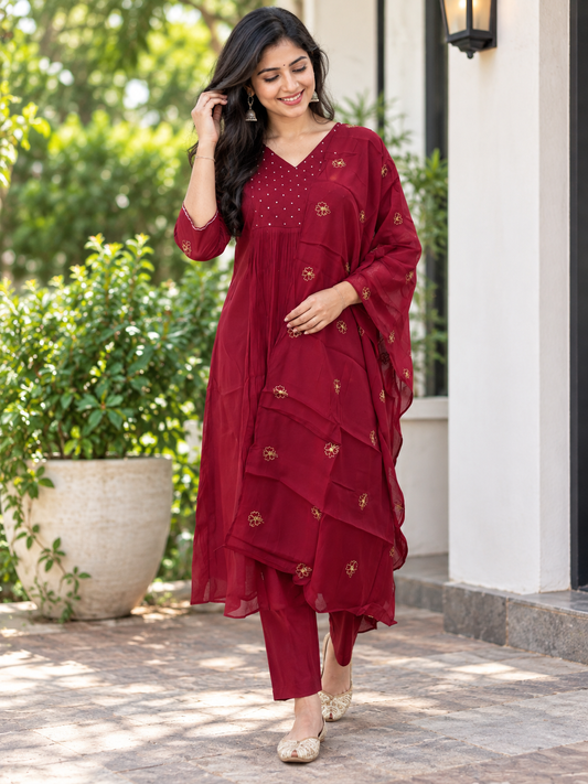 Deep Wine Floral Butti Mul Chanderi Silk 3-Piece Kurta Set