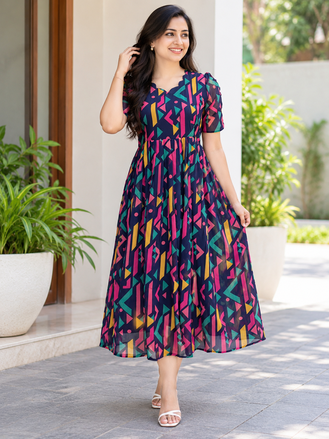 Navy Blue Geometric Abstract Print Non-Feeding Maxi