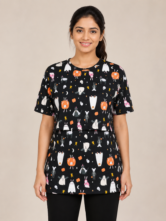 Jet Black Spooky Friends Cartoon Print Feeding Maternity T-Shirt