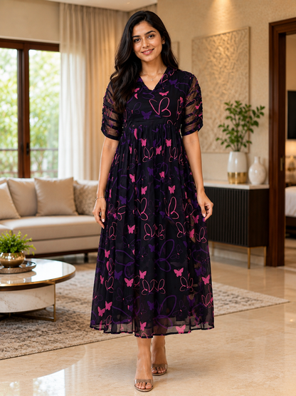 Black Butterfly & Heart Print Non-Feeding Maxi