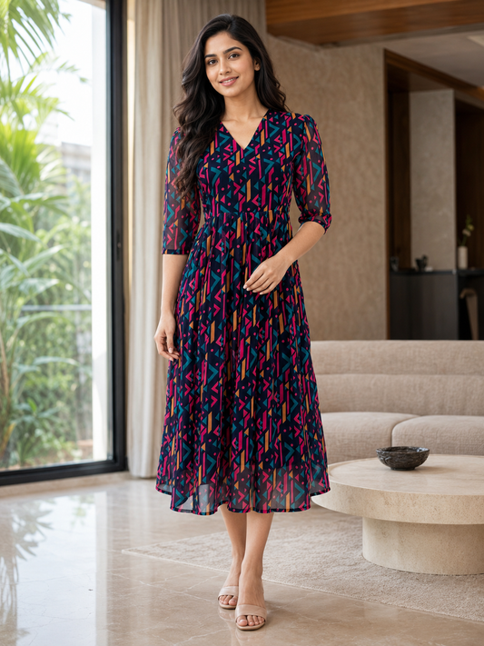 Navy Blue Abstract Geometric Print Non-Feeding Georgette Maxi