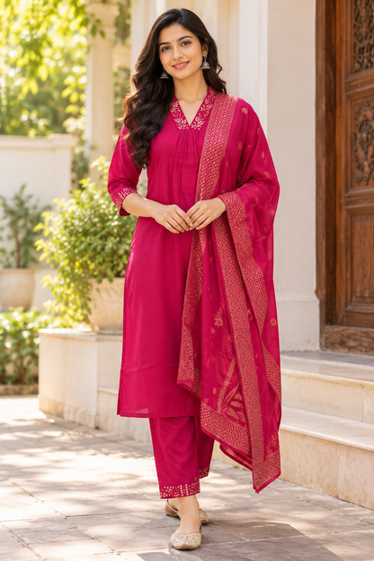 Elegant Roman Silk Rani Pink Gold Print Women's Anarkali 3 piece Suit