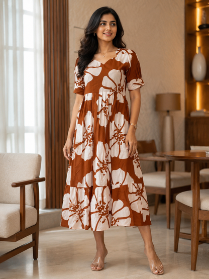 Mul Cotton Fabric Brown Abstract Leaf Print Non Feeding Maxi