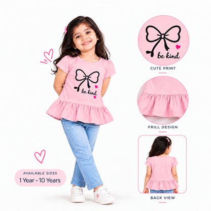 Blush Pink Be Kind Bow Frill Girls Top & Jeans