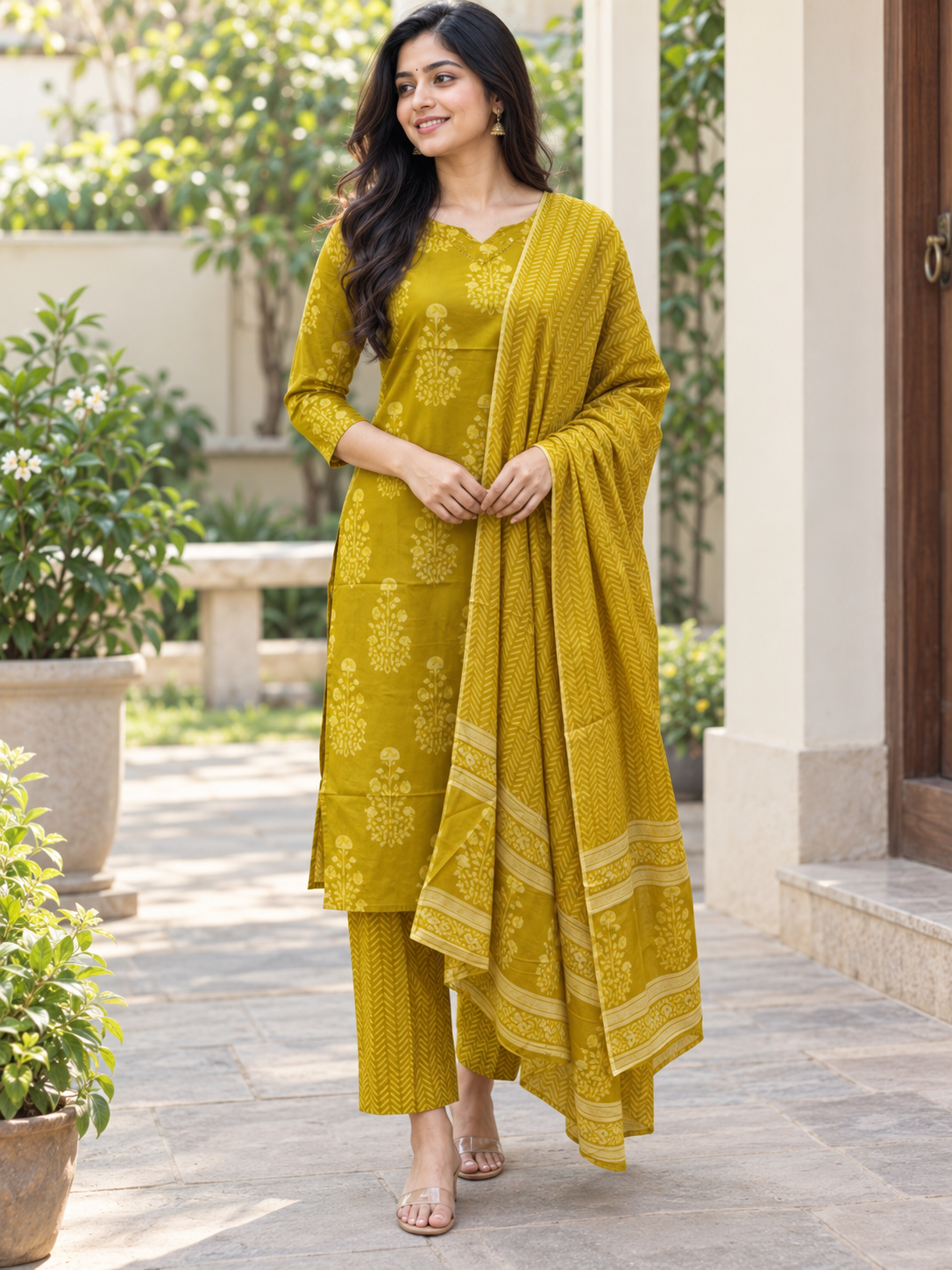 Mustard Yellow Floral Butti Cotton 3-Piece Kurta Set