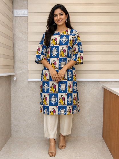 Kalamkari Royal Blue Traditional Cotton Long Top