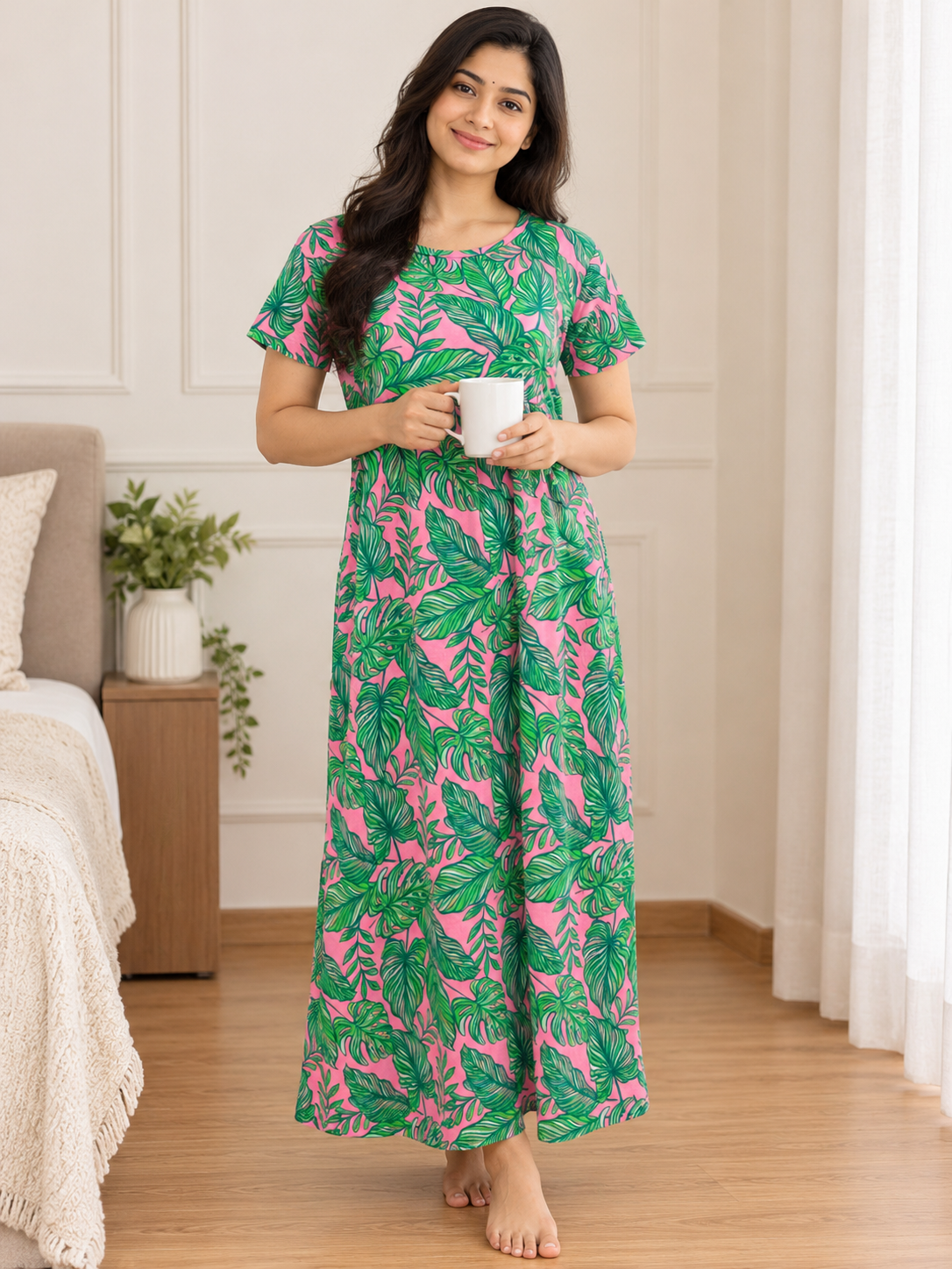 Leaf Print Short Sleeve Lounge Frock
