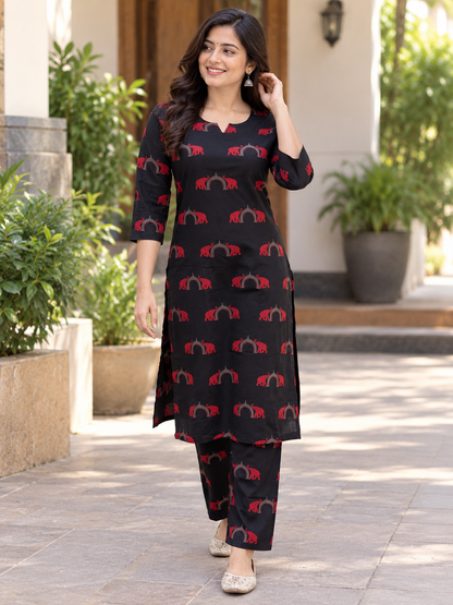 Black & Red Elephant Print Kurti Set