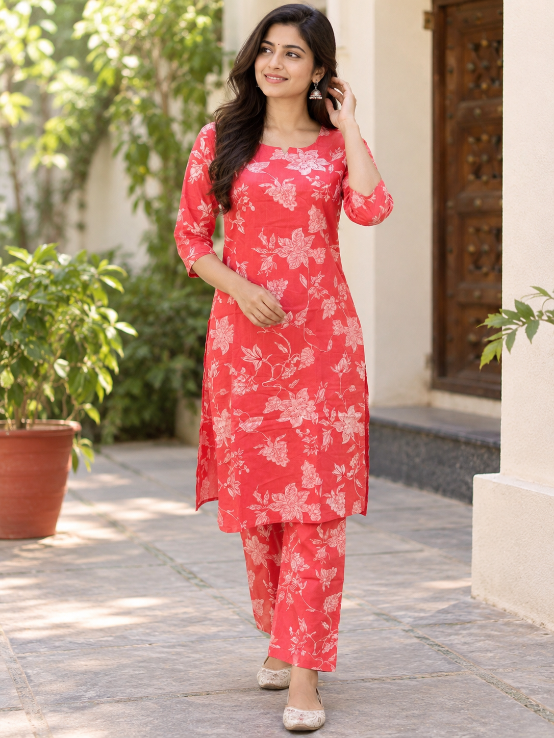 Coral Pink Floral Print Kurti Set