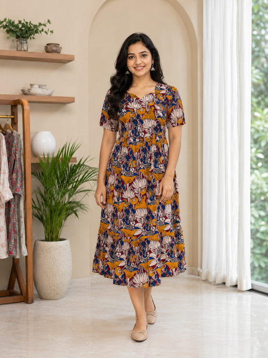 Kalamkari Navy Blue Floral Cotton Frock