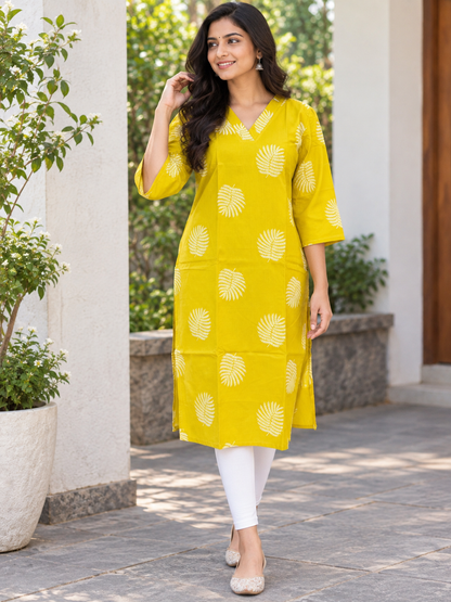 Mustard Yellow White Fern Leaf Print Soft cotton Kurti with full lining