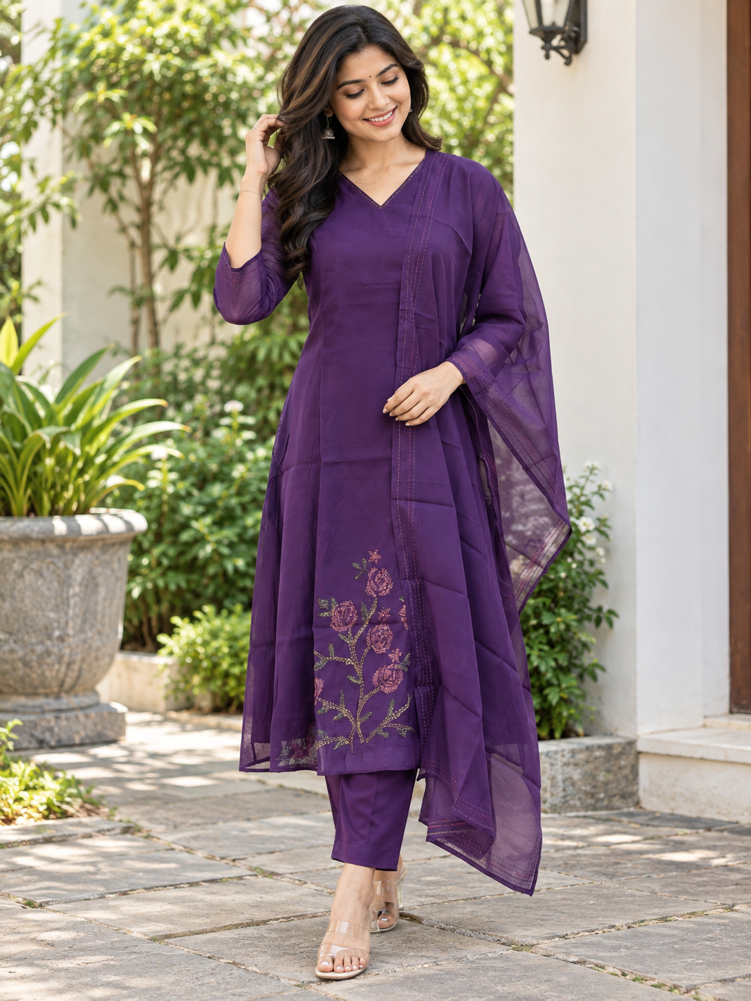 Royal Purple Floral Embroidered Mul Chanderi Silk Cotton 3-Piece Kurta Set