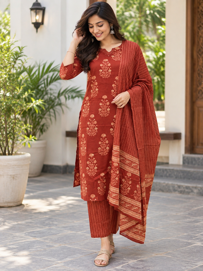 Brick Red Floral Butti Cotton 3-Piece Kurta Set