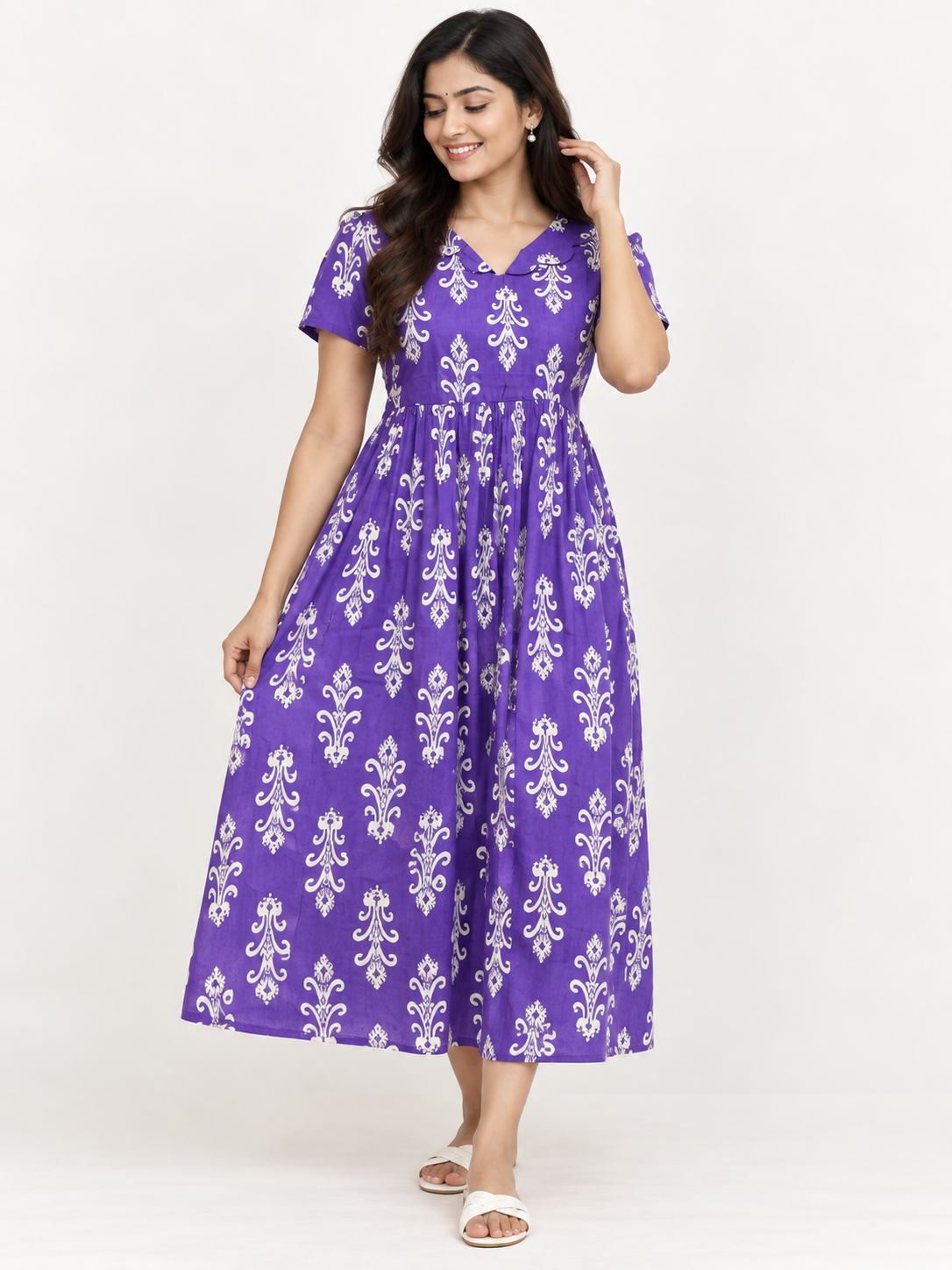 Royal Purple White Ornamental Buta Print Pure Jaipur Cotton Non-Feeding maxi