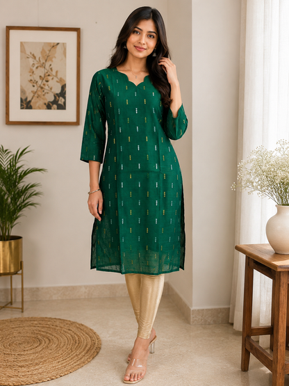Emerald Green Golden Motif Straight Kurti