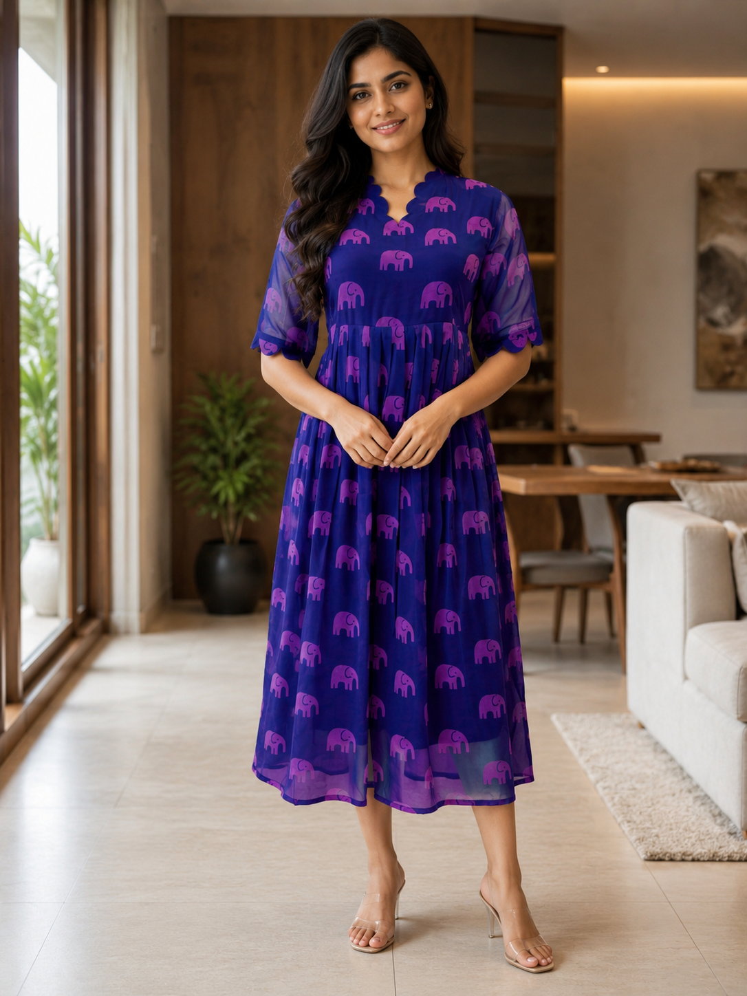 Royal Blue Elephant Motif Print Non-Feeding Maxi