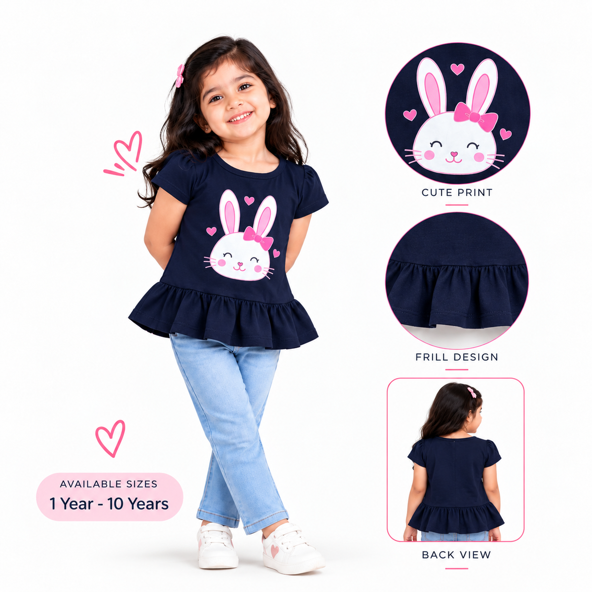 Navy Blue Bunny Frill Girls Top & Jeans