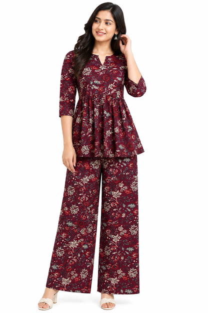 Maroon Floral Peplum Palazzo Set