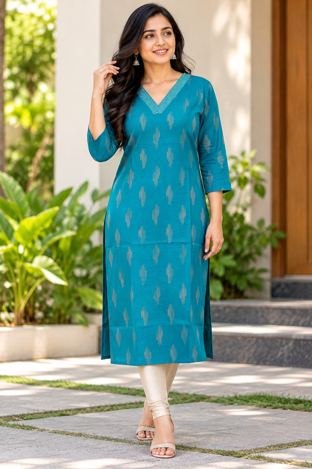 Teal Blue Silver Buti Straight Kurti Top