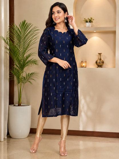 Navy Blue Metallic Buti Straight Kurti