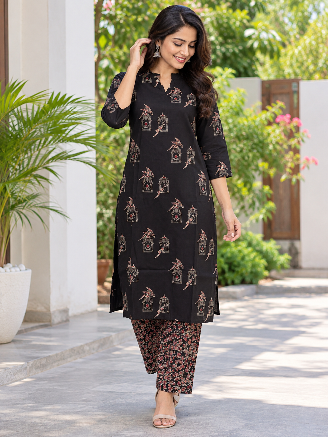 Black Birdcage Parrot  Print Kurti Set
