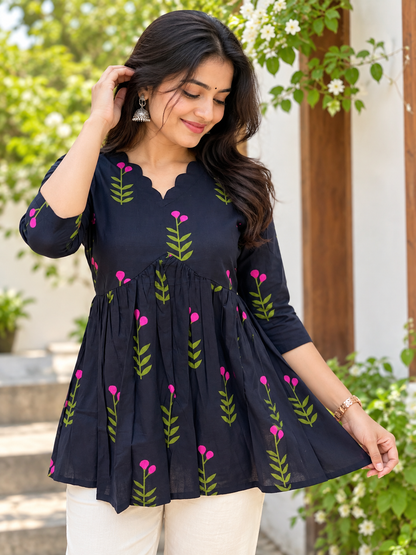 Navy Blue Leaf & Berry Print Feeding Kurti Top
