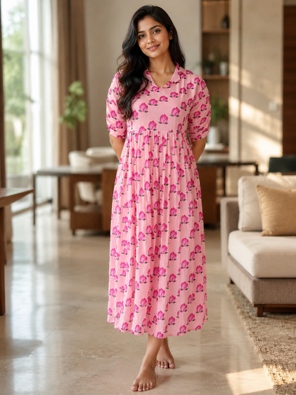 Baby Pink Pink Lotus Blossom Print Non-Feeding Maxi