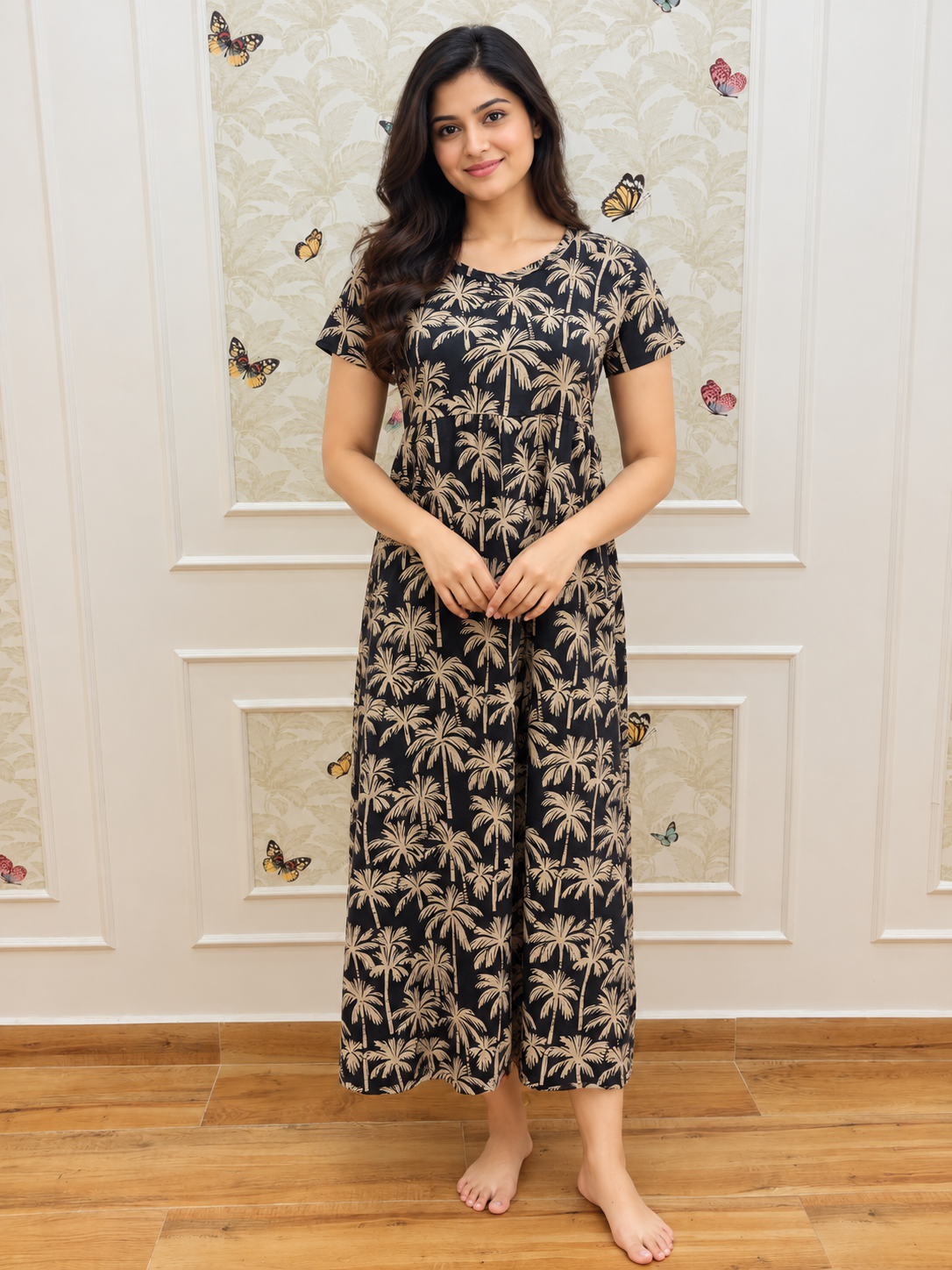 Black Palm Tree Print Short Sleeve Lounge Frock