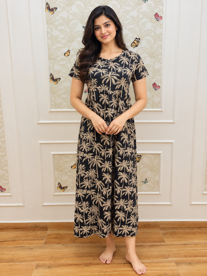 Black Palm Tree Print Short Sleeve Lounge Frock