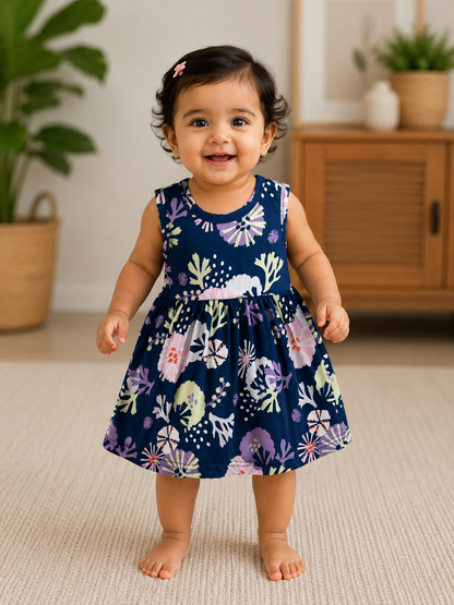 Navy Blue Pastel Floral Print Sleeveless Frock