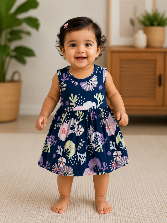Navy Blue Pastel Floral Print Sleeveless Frock