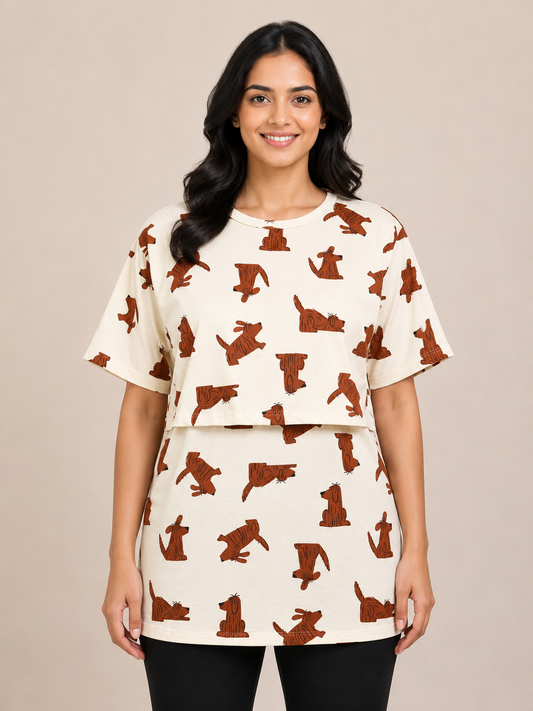 Vanilla Cream Playful Puppy Print Feeding Maternity T-Shirt