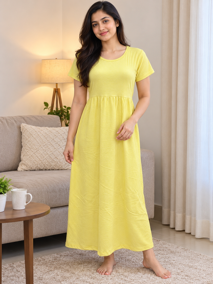 Lemon Yellow Ribbed Knit Short Sleeve Lounge Frock