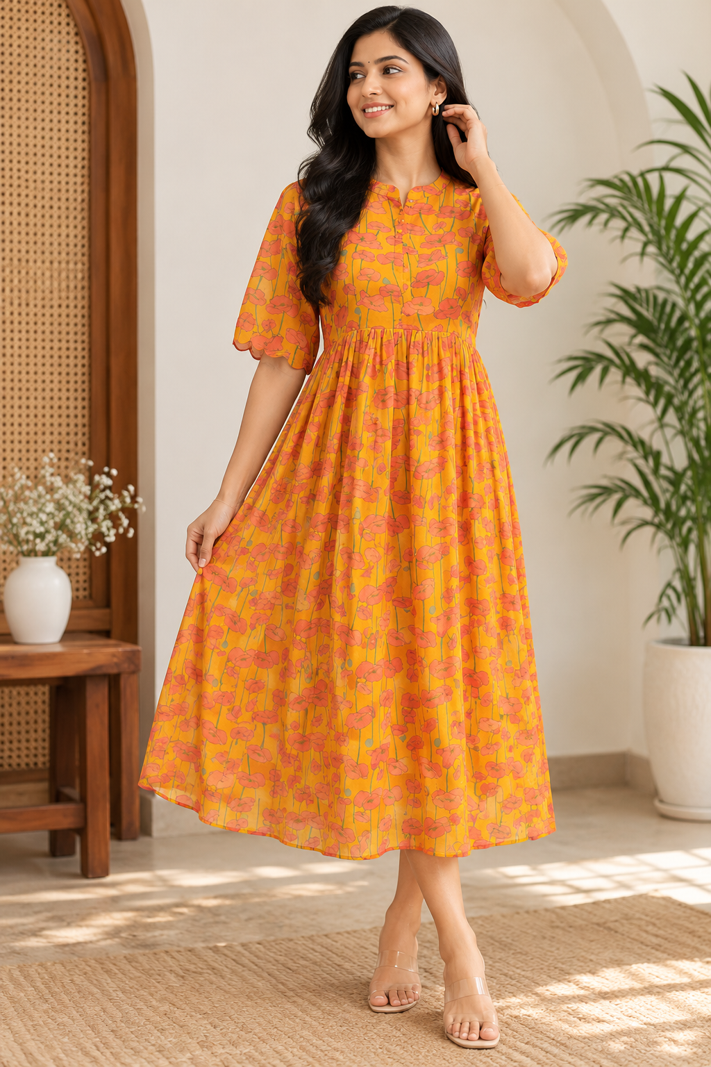 Mustard Yellow Orange Floral Print Center Zip Maxi Dress