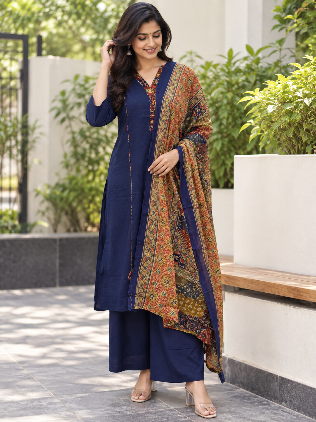 Navy Blue Kalamkari Print Chanderi Cotton 3-Piece Set