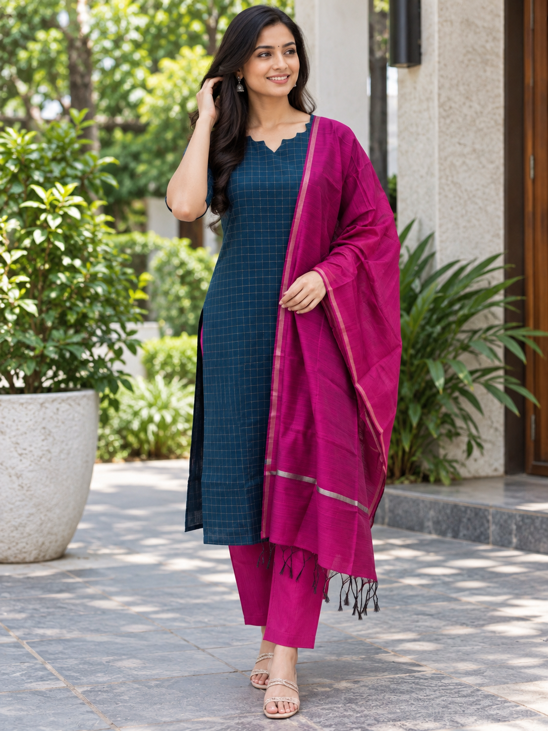 Teal Check Magenta 3-Piece Silk Cotton Set