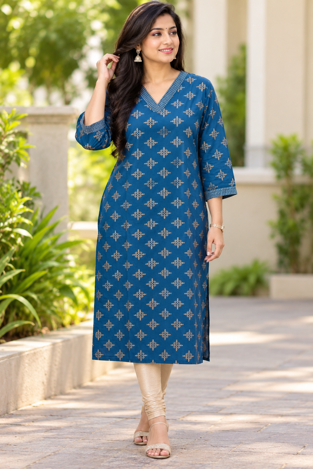 Royal Blue Golden Geometric Print Straight Kurti Top